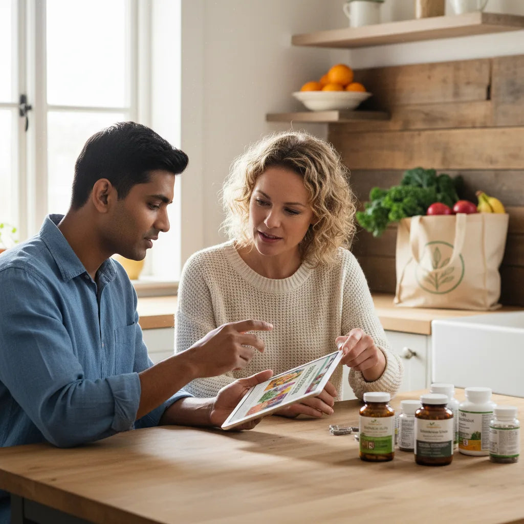Couple discusses immune supplement choices in kitchen
