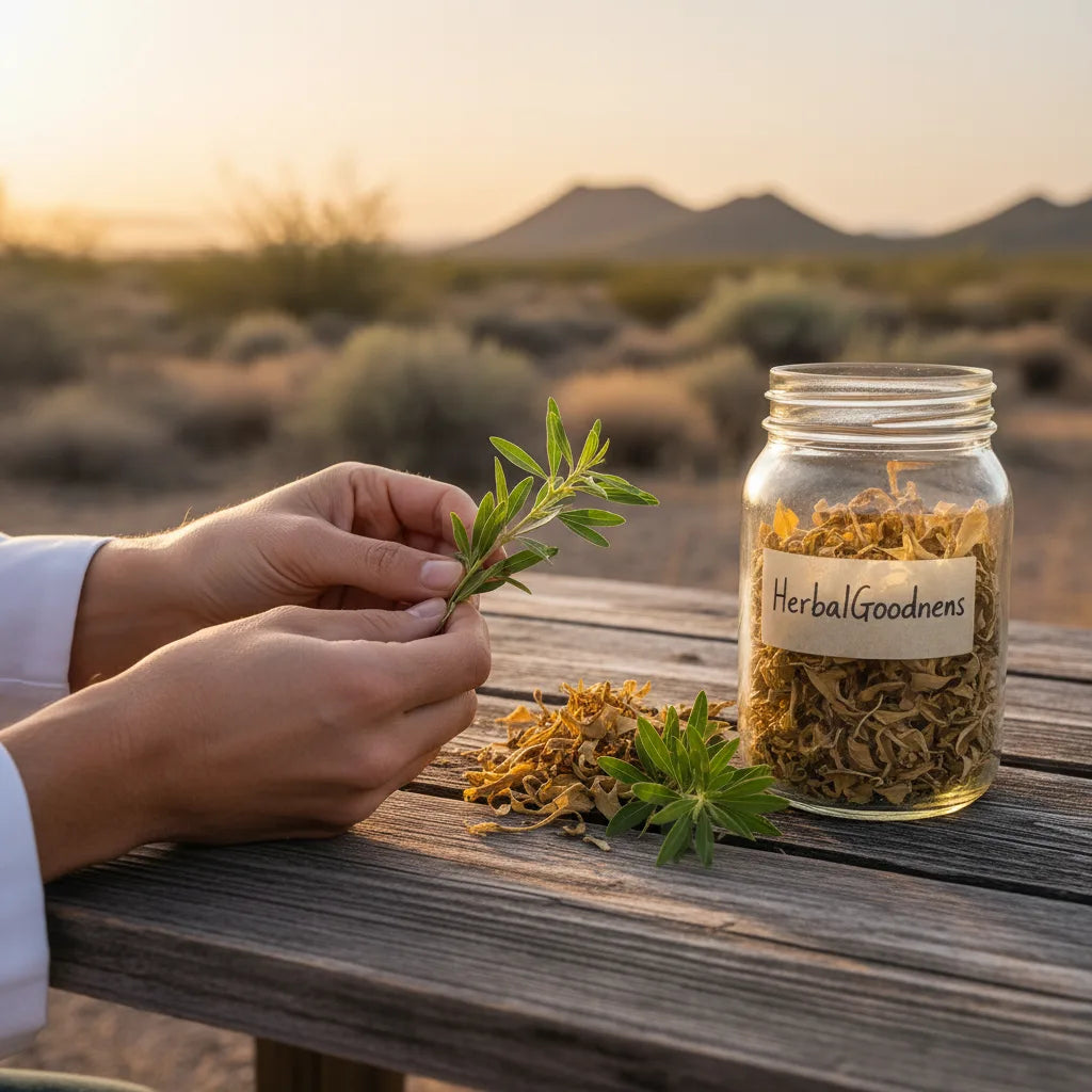 Hands examining chaparral herb and jar outdoors