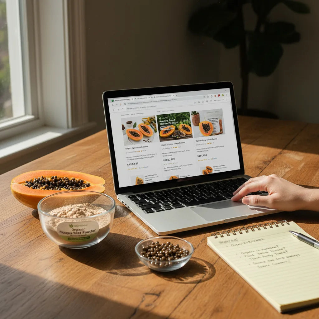Consumer comparing organic papaya seed powders online
