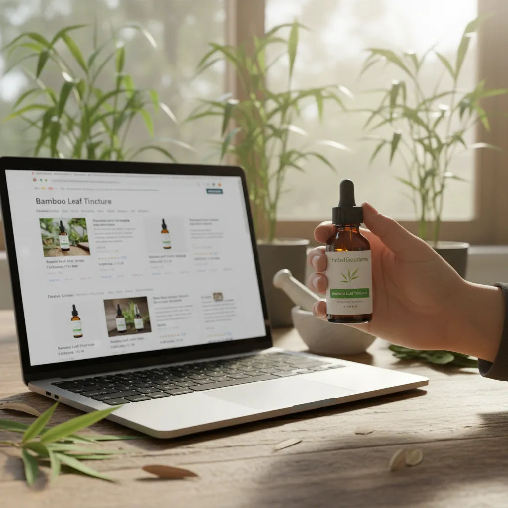 Shopper researching bamboo tincture online at home