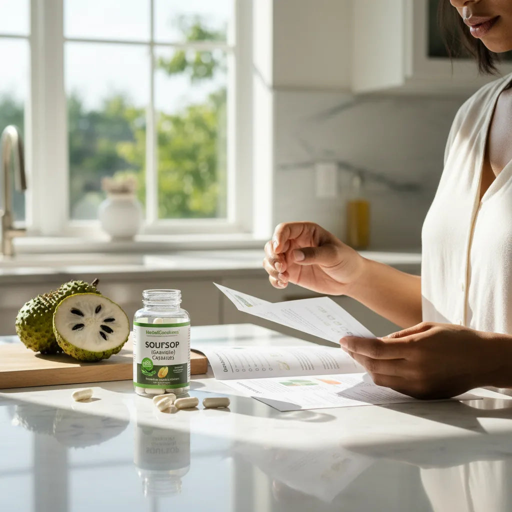 Shopper examining soursop capsules with checklist