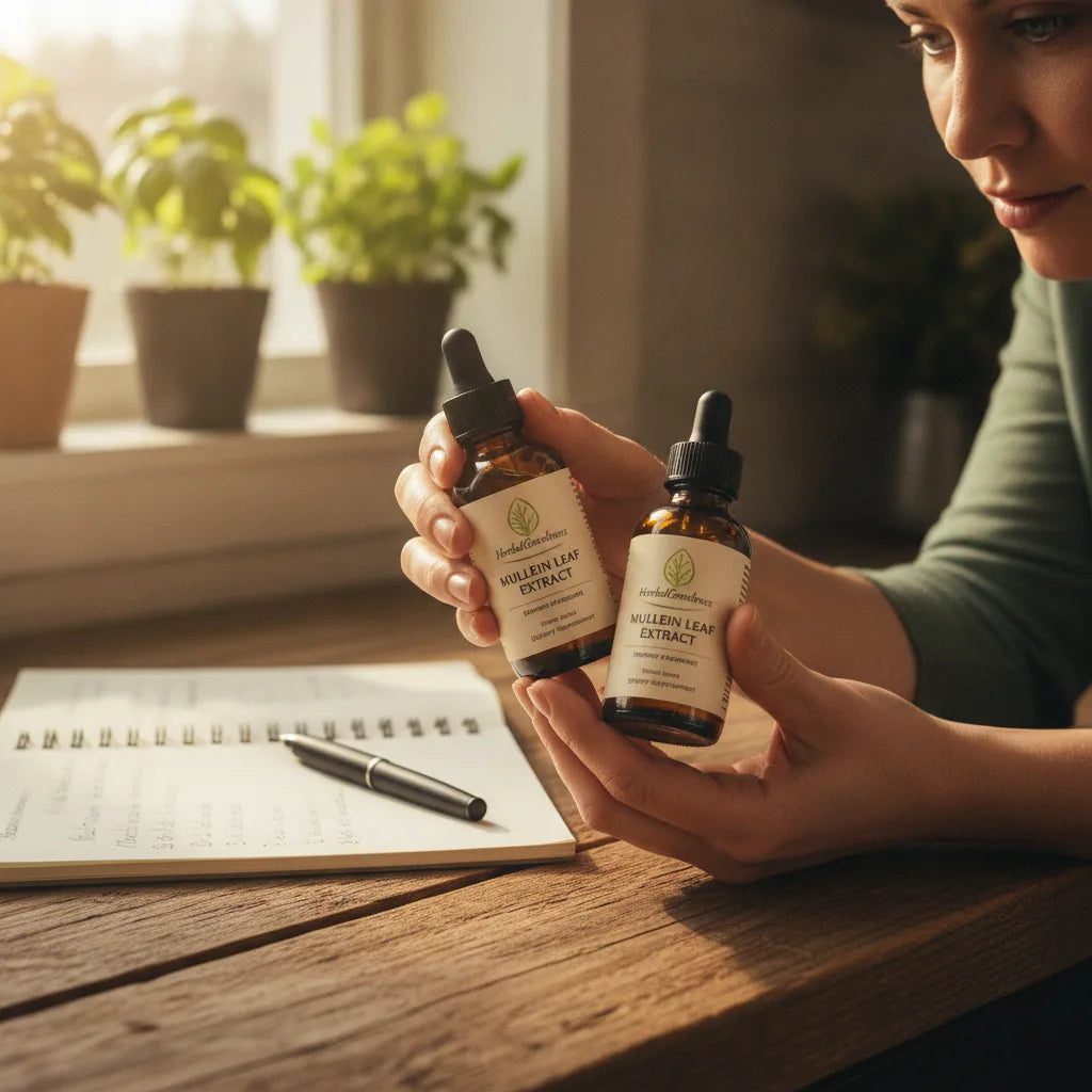 Comparing mullein extract labels at kitchen counter