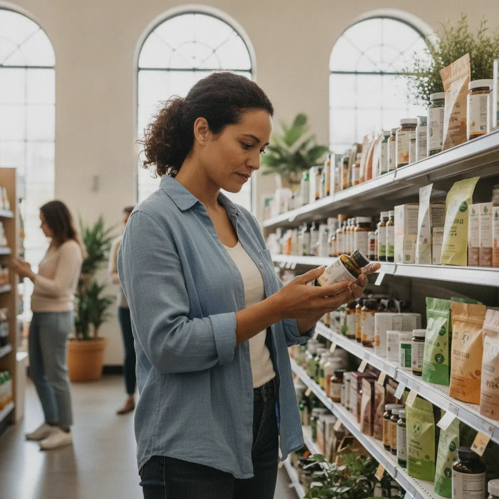 Shopper examining moringa extract label in aisle