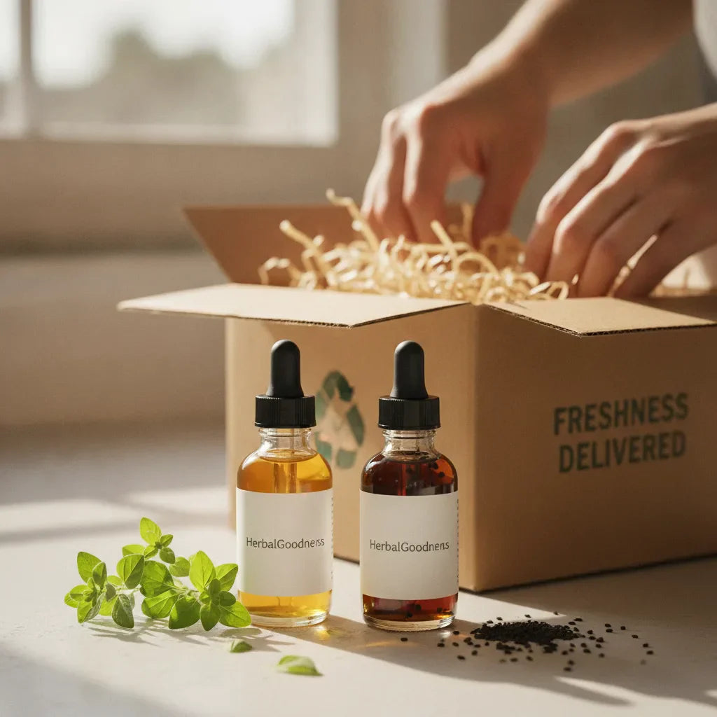 Unboxing fresh HerbalGoodness oil bundle delivery