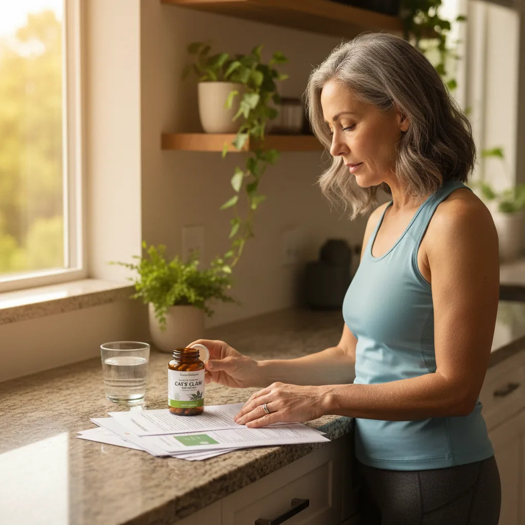Woman examines cat’s claw supplement label