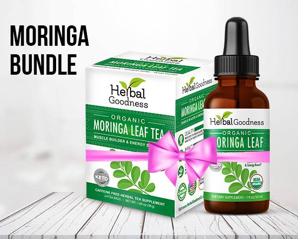 Moringa wellness bundle of organic leaf tea and liquid extract for gut health benefits