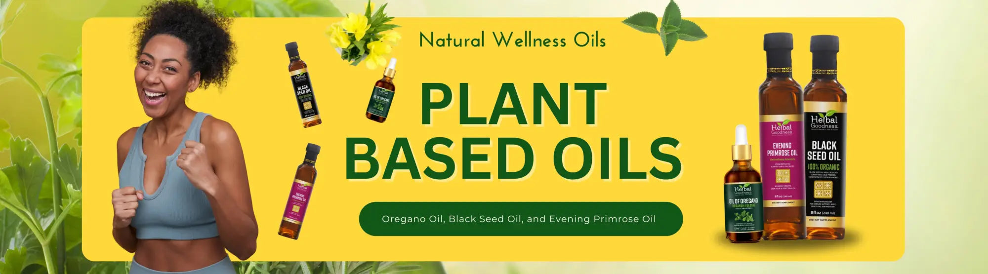 Advertisement banner showcasing Plant Based Oils with product bottles highlighting herbal goodness