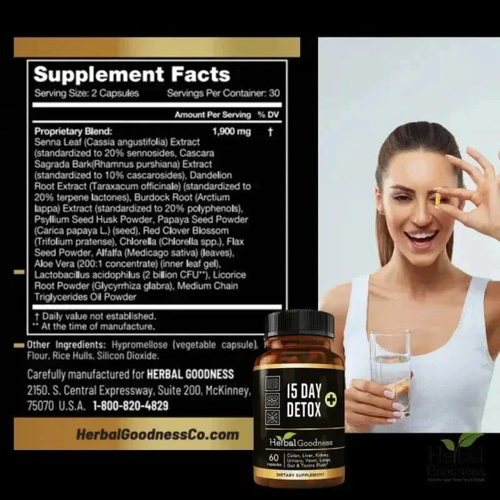 15 Day Detox Capsules 60ct (600mg) – Natural Detox & Cleanse Supplement Capsules Herbal Goodness 