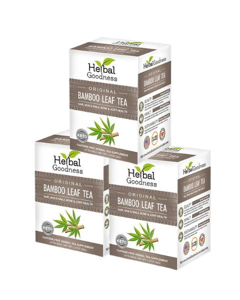 Three boxes of herbal goodness original bamboo leaf tea in white and brown packaging with green leaf imagery for nail health