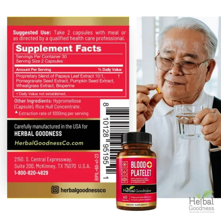 Blood Platelet Plus - 60/600mg 20X Strength Capsule - Platelet Boost Capsules Herbal Goodness 