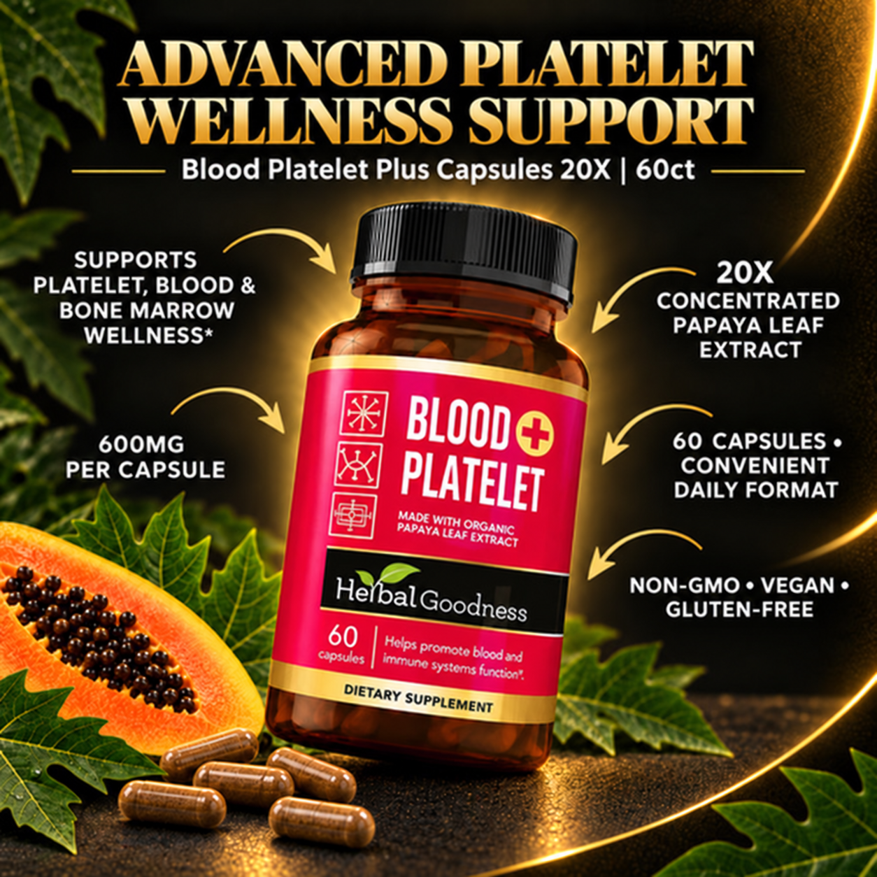 Brown glass bottle of blood platelet plus capsules with red label containing 60 organic papaya leaf extract capsules for boosting platelet levels
