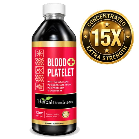 A brown glass bottle with black dropper and pink label of blood platelet support with papaya leaf for platelet production