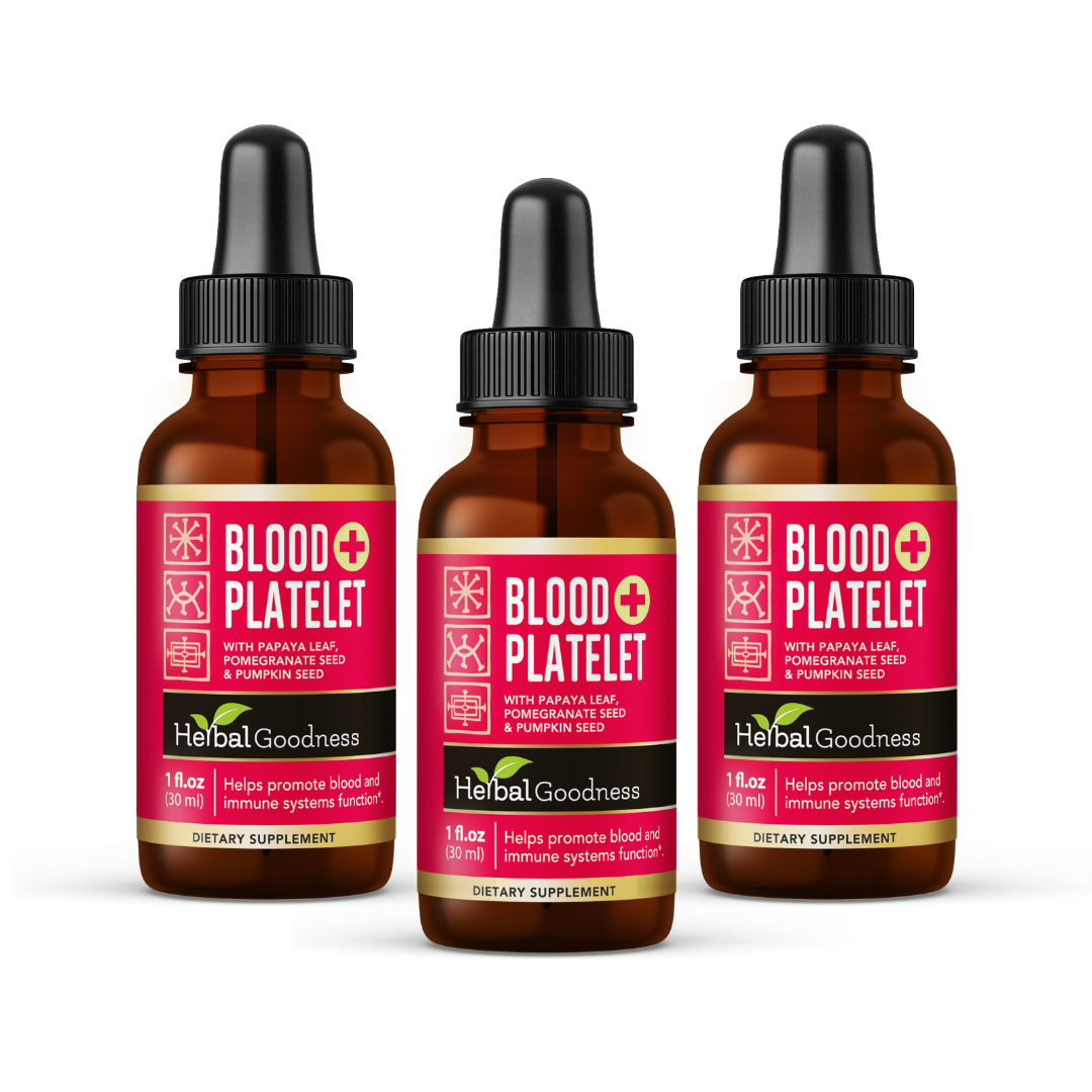 Three amber glass dropper bottles with red labels from herbal goodness blood support platelet production with papaya leaf extract