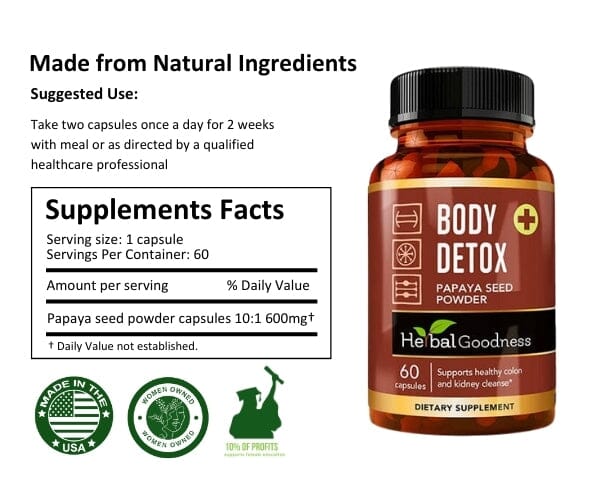 Body Detox Capsules 60ct /600mg - Supports Healthy cleanse, Gut Liver & Intestine Cleanse - Herbal Goodness - Herbal Goodness