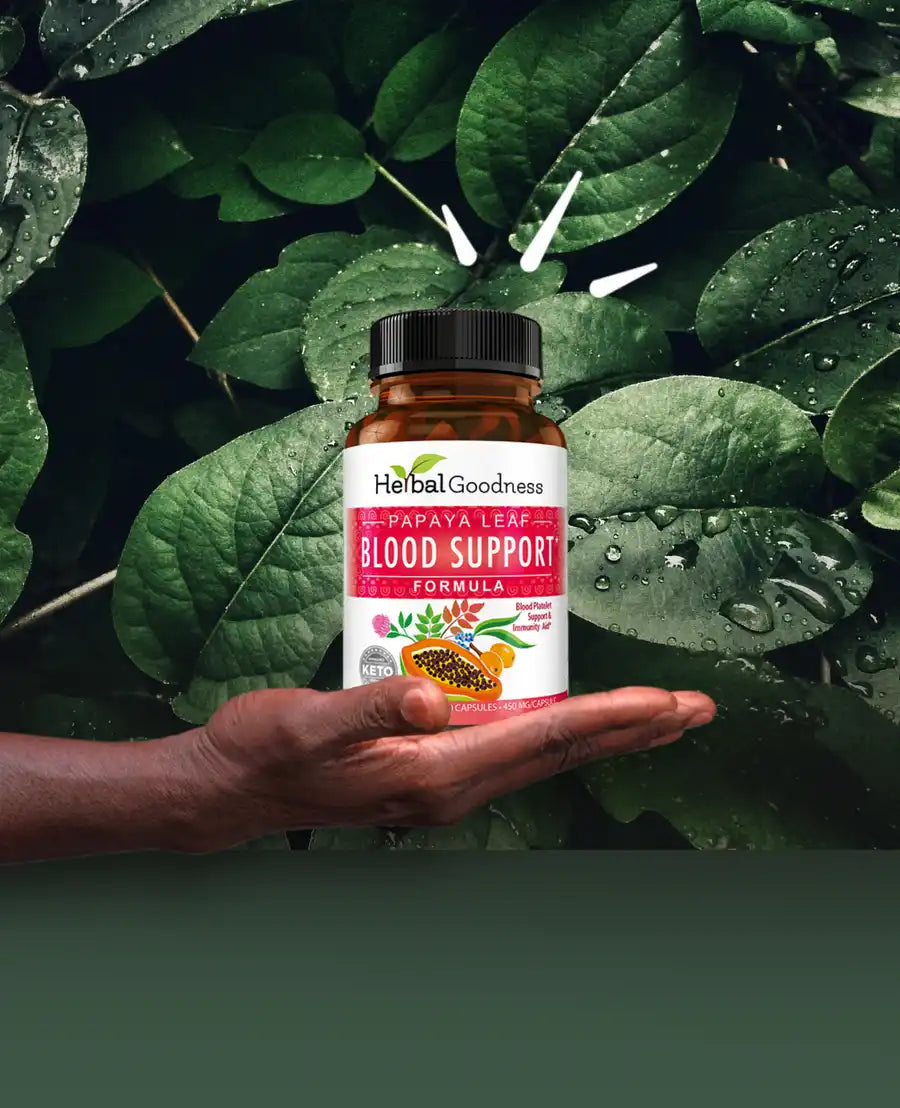 A bottle of Herbal Goodness Blood Support supplement held in an open palm.