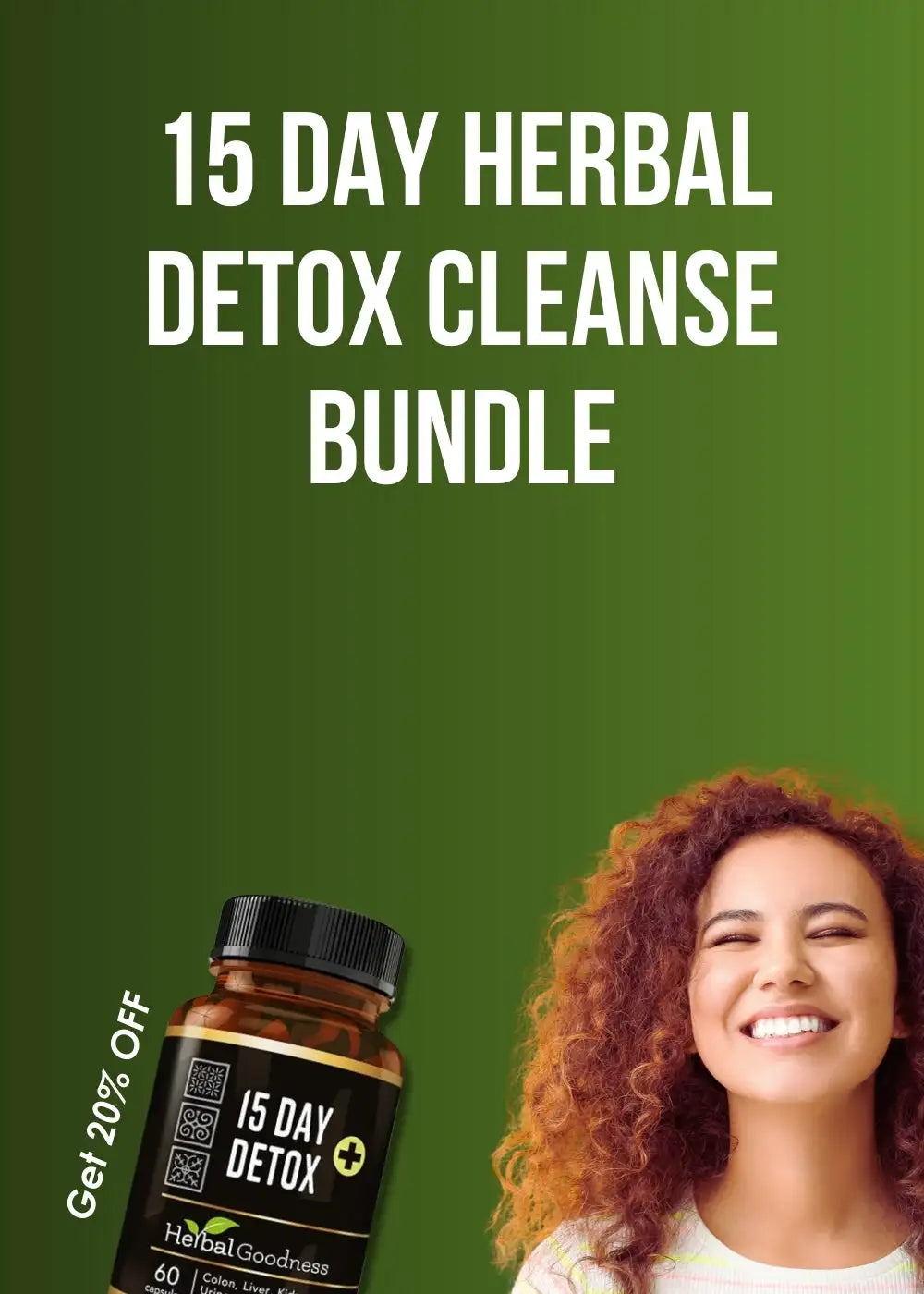 Brown glass bottle with black cap and label reading ’15 day detox’ by herbal goodness.
