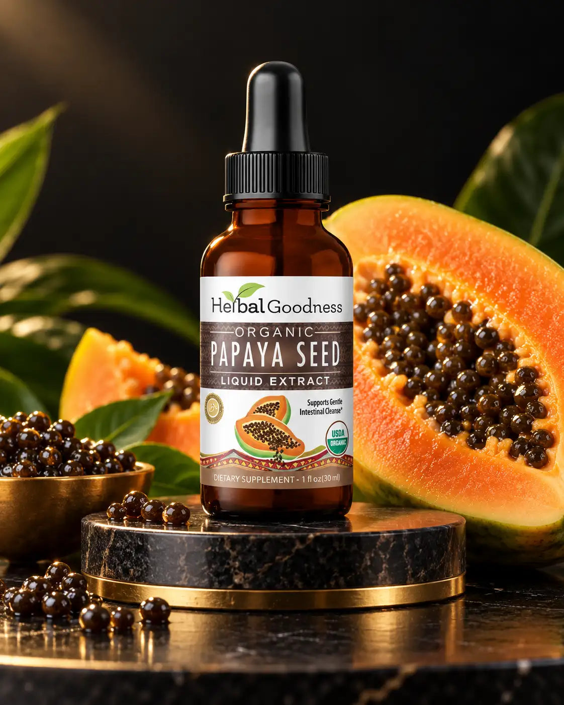 A brown glass bottle with a black dropper cap and label reading ’herbal goodness organic papaya seed liquid extract.’