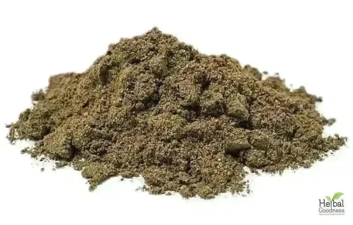 A mound of finely ground greenish-brown witch hazel leaf and burdock root powder in organic 4oz bag for wellness