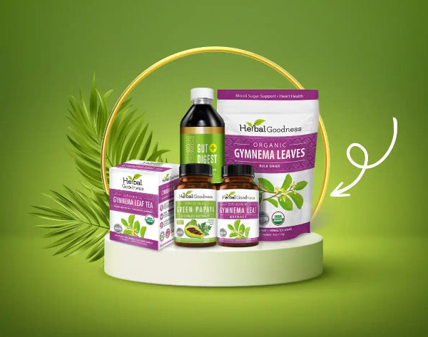 Collection of Gymnema leaves herbal supplement products displayed on a circular platform.