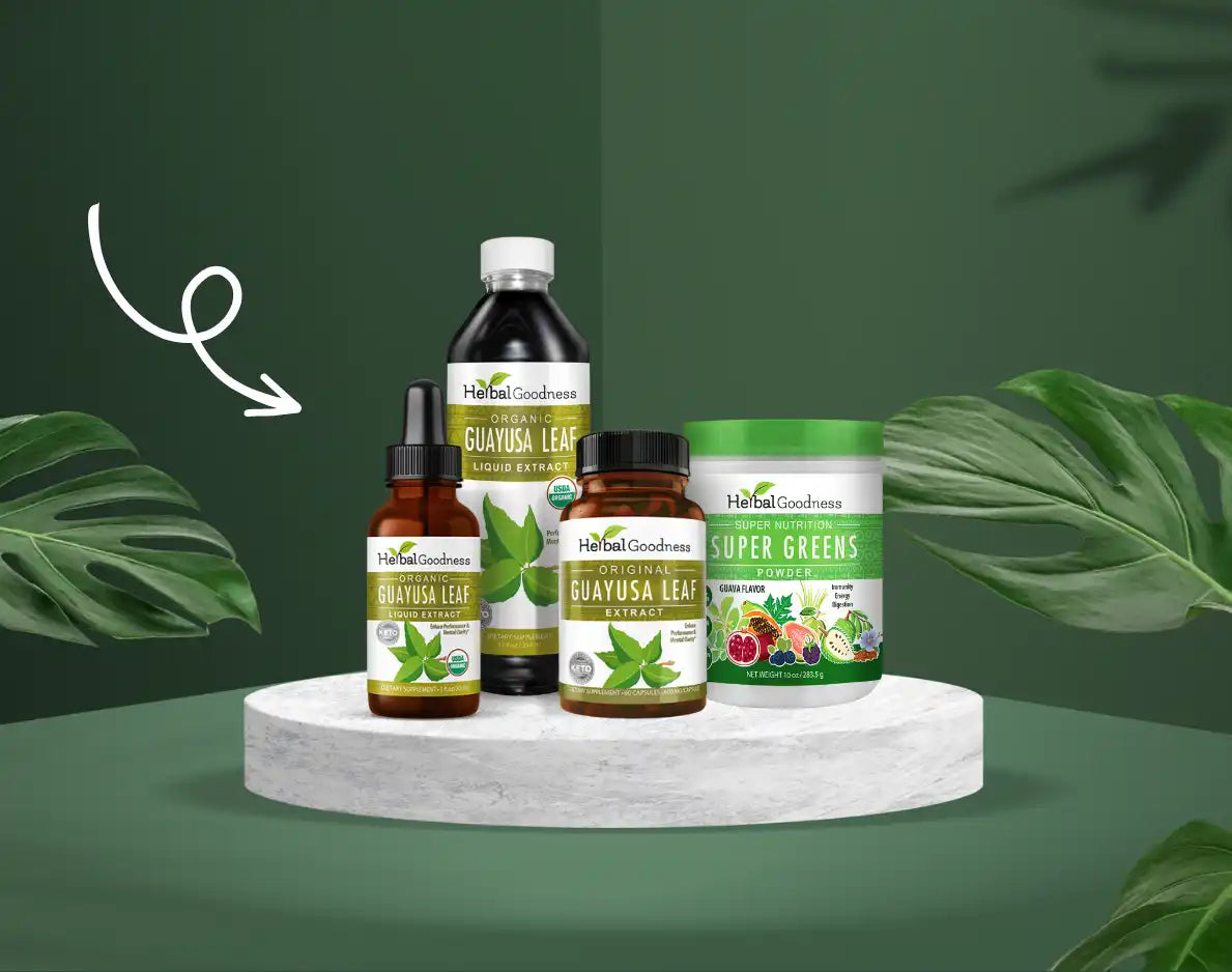 Collection of natural supplement products displayed on a white circular platform.