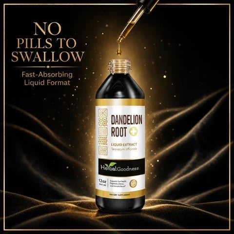 A sleek black bottle of herbalgoodness dandelion root liquid extract with a gold cap and dropper for liver detox