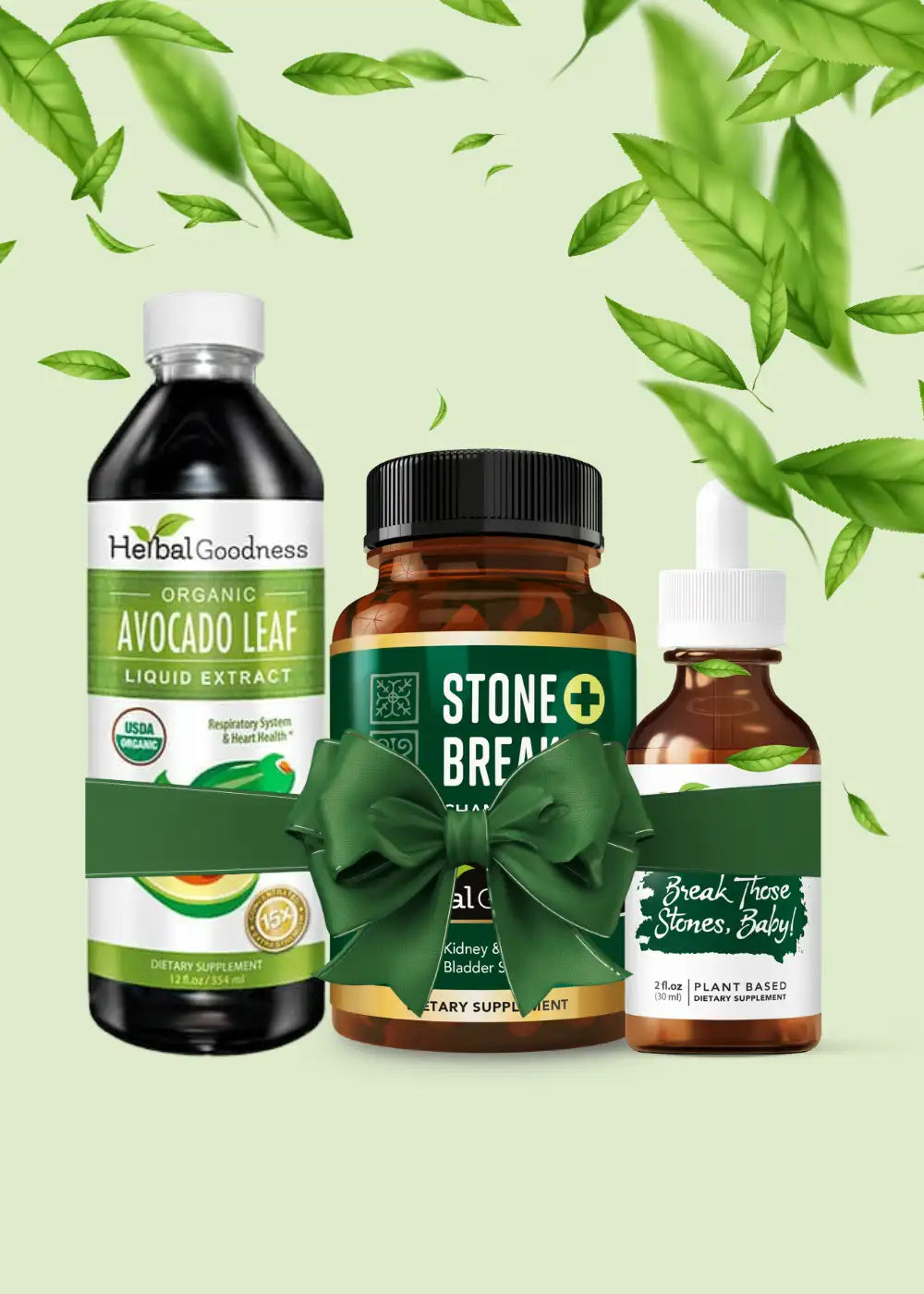 A dark amber glass bottle with a white dropper cap and green label reading ’break those stones, baby!’ for plant-based dietary supplement.