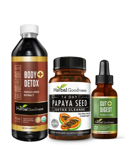 Digestive Wellness Kit – papaya seed capsules, body detox liquid, and gut digest liquid extract by Herbal Goodness