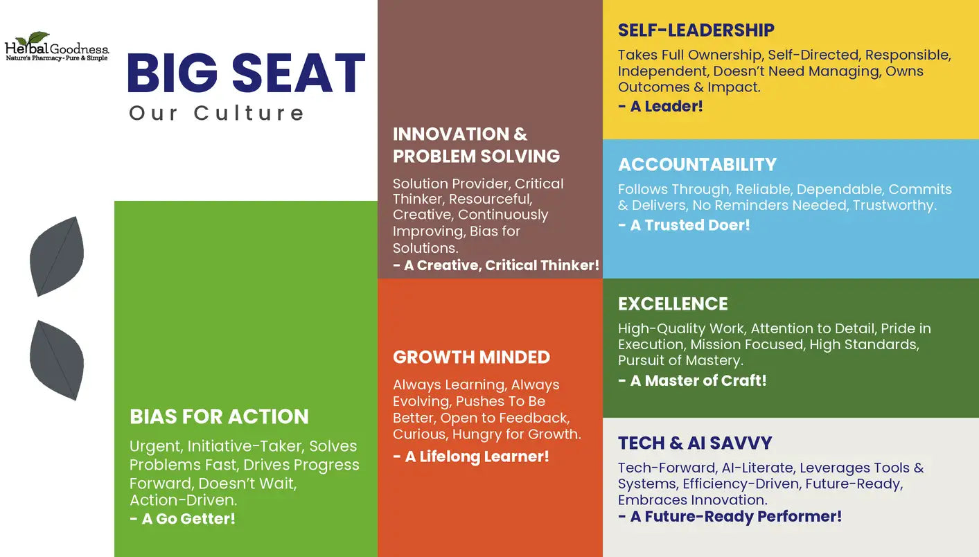 The image displays a colorful, vertically segmented infographic with bold text and distinct color blocks outlining core cultural values.