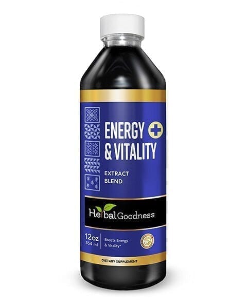 Dark bottle of Energy & Vitality extract blend from Herbal Goodness Energy Bundle