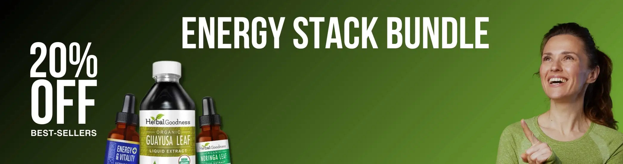 The energy stack bundle features three bottles of herbal supplements, including a dark amber bottle labeled ’guayusa leaf’ and two smaller dropper bottles with blue and green labels.