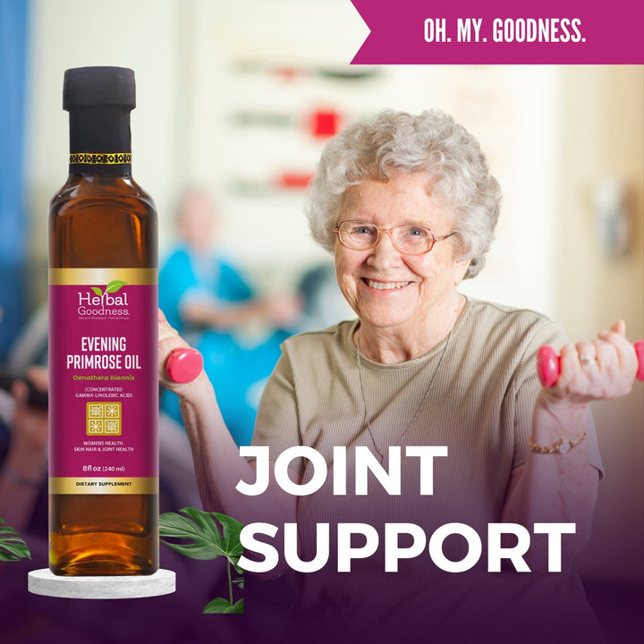 Older woman with dumbbell next to Evening Primrose Oil Joint Support for healthy joints