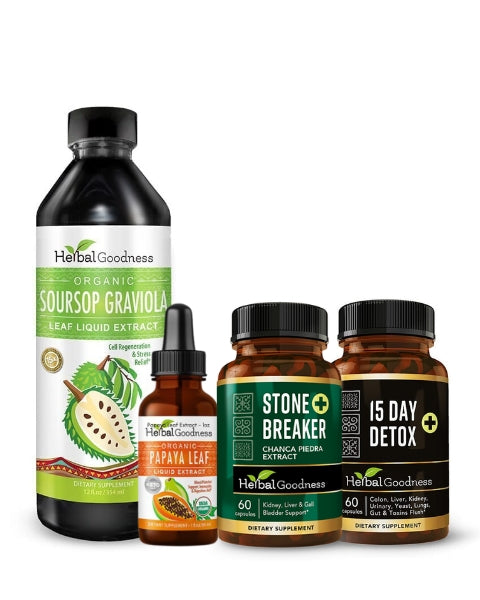 Dark amber glass bottle of herbal goodness organic soursop graviola leaf liquid extract in complete detox reset bundle