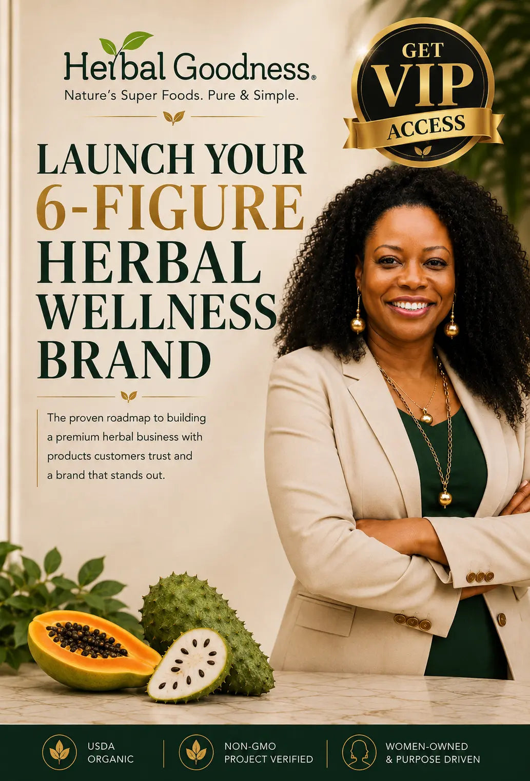 A smiling woman with curly dark hair wearing a beige blazer promotes grab your vip webinar access and ebook