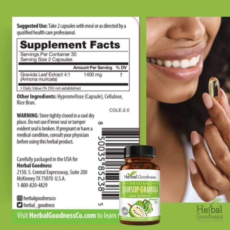 Graviola Soursop Leaf Extract – 10X 60/600mg Capsules - Cell Renew &amp; Immunity Capsules Herbal Goodness 