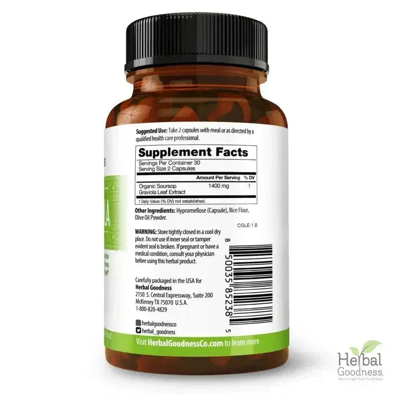 Graviola Soursop Leaf Extract Capsules – 10X Strength, 60/600mg, Vegan-Friendly, Unit or 12-Count Case Capsules Herbal Goodness 