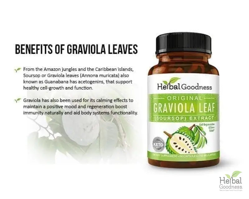 Graviola (Soursop) Leaf Extract - Capsules 60/700mg - Healthy Cell Function, Immunity & Relaxation - Herbal Goodness Capsules Herbal Goodness 