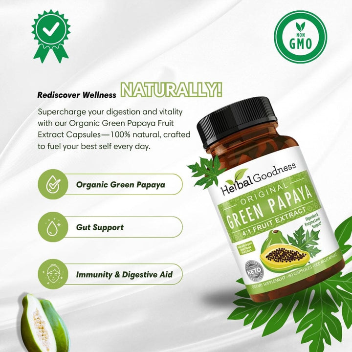Green Papaya Fruit Extract - Capsules 60/600mg - 4X Strength Capsules Herbal Goodness 