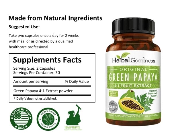Green Papaya Fruit Extract - Capsules 60/600mg - 4X Strength - Digestion & Enzyme Level Support - Herbal Goodness - Herbal Goodness