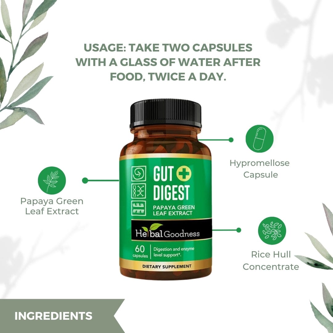 Gut Digest - Papaya Green Fruit Extract - 60/600mg-Digestion and Enzyme Level Support-Herbal Goodness - Herbal Goodness