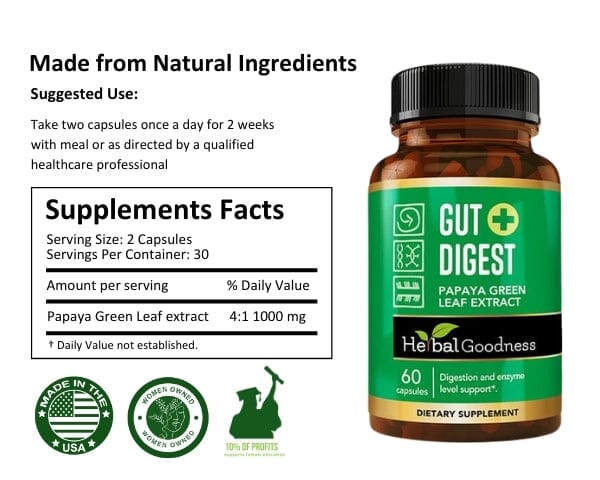 Gut Digest - Papaya Green Fruit Extract - 60/600mg-Digestion and Enzyme Level Support-Herbal Goodness - Herbal Goodness