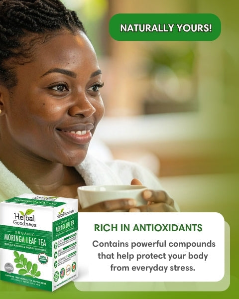 A box of herbal goodness organic moringa leaf tea with green and white design featuring leaf illustrations and caffeine-free