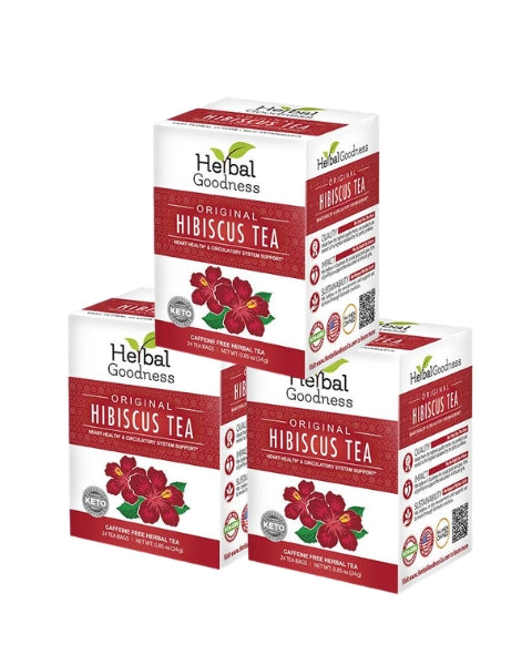 Three boxes of herbal goodness original hibiscus tea with vibrant red flowers for heart health and immunity boost