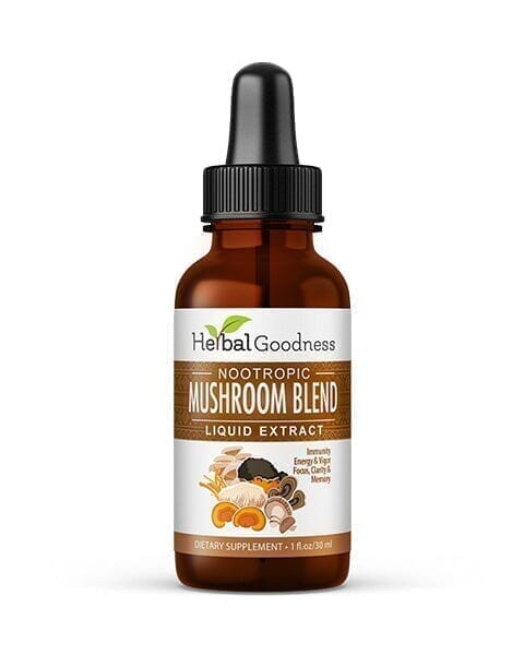 Brown glass dropper bottle with nootropic mushroom blend extract for immunity boost bundle