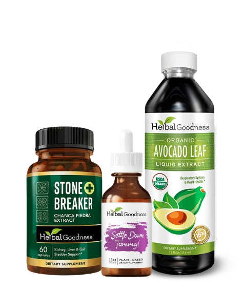 Herbalgoodness organic avocado leaf liquid extract in dark glass bottle with green label for kidney stones natural detox boost cleansing bundle designed