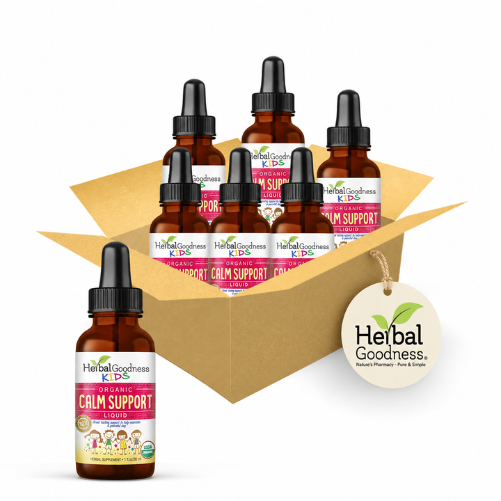 Brown glass dropper bottles with black caps featuring pink white and green labels for kids calm support supplement with lemon balm and papaya leaves for immune support