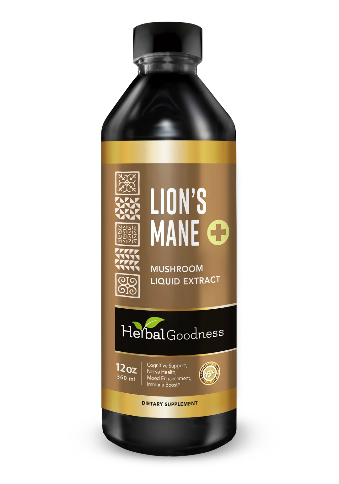 Herbal Goodness Lion’s Mane Mushroom Liquid Extract 12 oz black bottle with gold Concentrated 15x Extra Strength badge