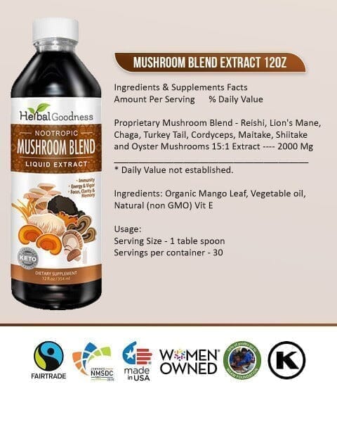 Mushroom Blend Extract - Brain Boost, Nootropic Health, Joint & Immunity - Herbal Goodness Liquid Extract Herbal Goodness 