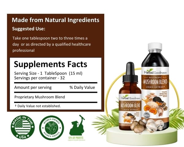 Mushroom Blend Extract - Organic - Brain Boost, Nootropic Health, Joint & Immunity - Herbal Goodness Liquid Extract Herbal Goodness 