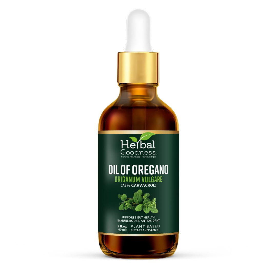 Bottle of Oil of Oregano supplement with dropper cap, known for its health benefits