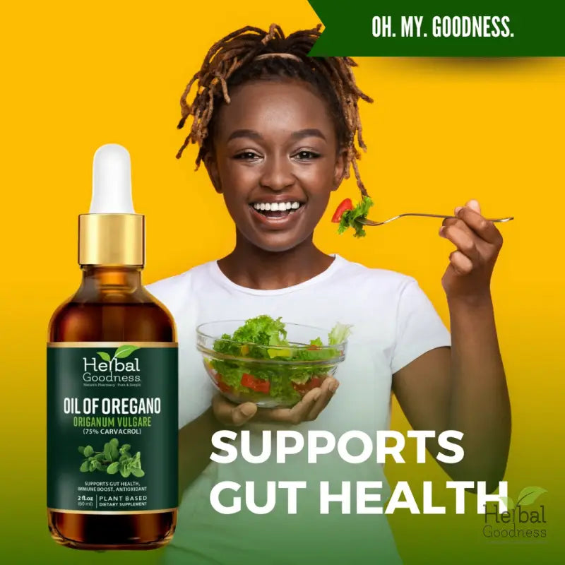 Bottle of Oregano Oil supplement for gut health and immune support, Herbal Goodness